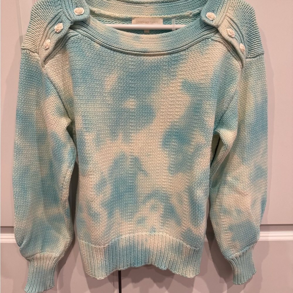 LoveShackFancy Gallatin Sweater in Soft Aqua Blue with Rose Button Detail
